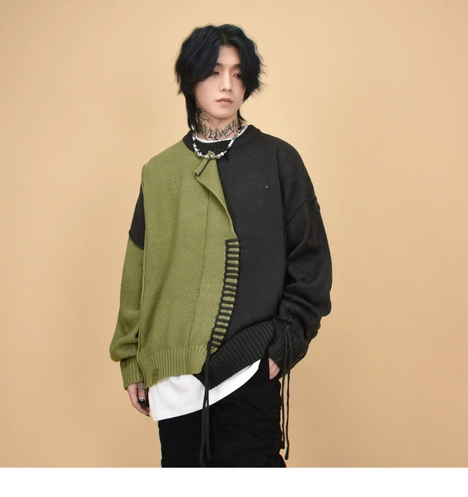 Spring and Autumn New Irregular Black and Green Patchwork Round Neck Sweater American High Street Men's Gray Knitted Sweater