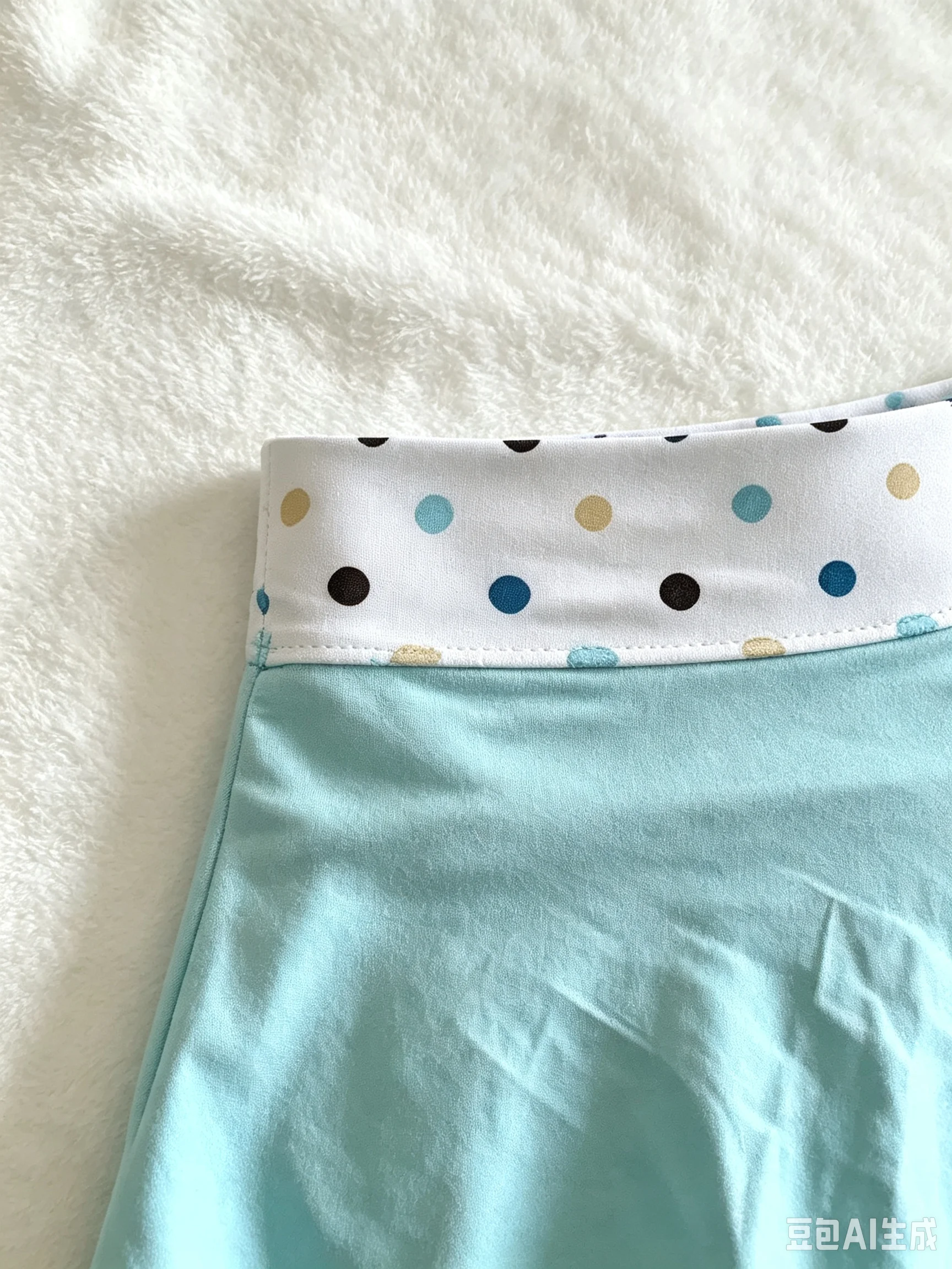 Niedlicher Sommer-Badehose-Rock für Damen mit doppelter Rüsche, Polka-Dot-Taille, hellblau, Mini-Strandrock mit integrierten Shorts – Detail 3