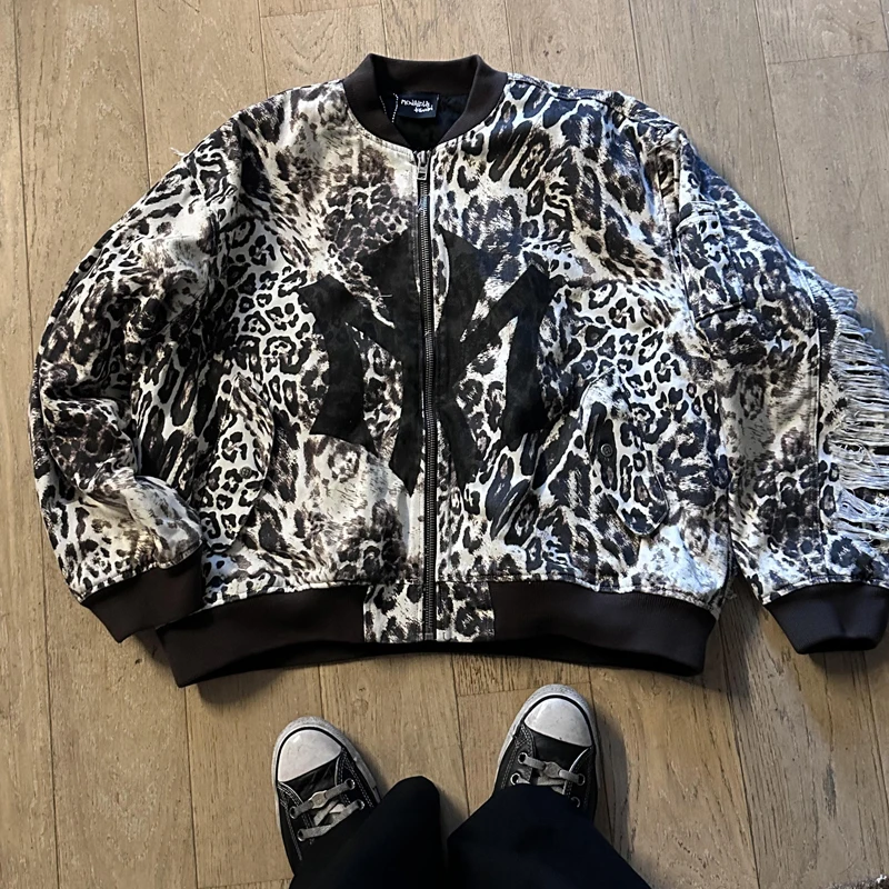 

Куртка на молнии с леопардовым принтом Mowalola в стиле хип-хоп, полое пальто с отверстием сзади для мужчин и женщин, высококачественные повседневные свободные куртки-бомберы