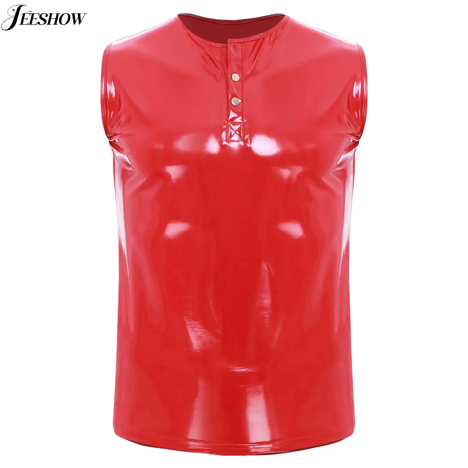 

Mens Shiny PU Leather Sleeveless Tank Top Wet Look Button Up Henry Shirt Round Neck Slim Fit Pullover Vest Motorcycle Biker Top