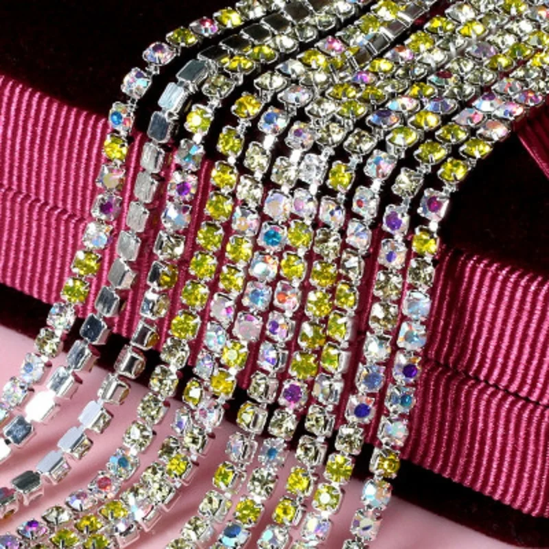 Mix Color 1yard/Piece 17Colors Glass Crystal Rhinestone Chain,Silver Bottom Sew on Cup Chains For Diy Garment Bags Decorations