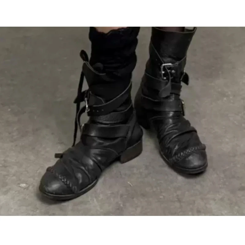 Men Black Vintage Multi-Buckle Strap Mid Calf Boots 2026 Square Heel Gothic Punk Moto Biker Boots Retro Western Riding Boots