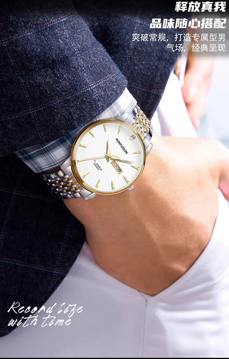 Новые мужские часы, поддельные механические часы, двойной календарь, ремешок из нержавеющей стали, светящиеся водонепроницаемые кварцевые часы с прозрачным дном