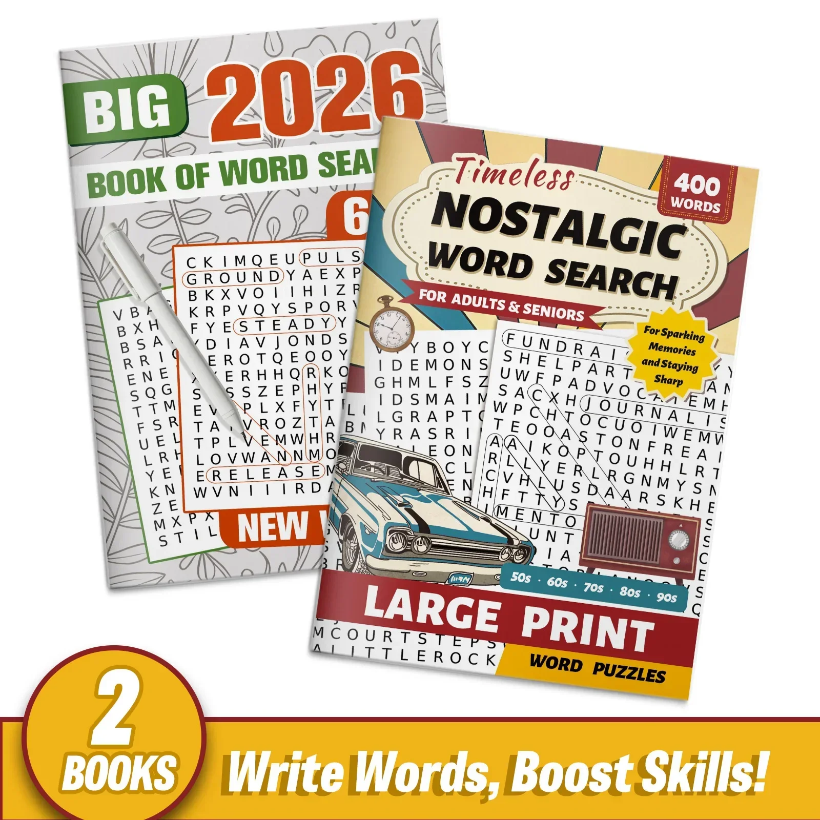 Collection de 2 jeux de mots croisés à gros caractères pour adultes et seniors, 2026 mots croisés grands et thème nostalgique intemporel