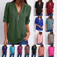 Hot Sale Women'S Casual Loose Chiffon Shirt Deep V Neck Zipper Short Sleeves Solid Color Blouse Tops Fashion Pullover Shirts 6