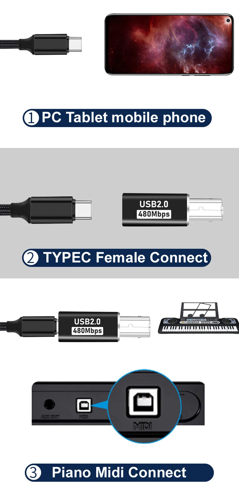 2PCS/SET USB Type-c Female to Square USB B Male Straight/bend Adapter Electric Piano Printer MIDI Head Drum keyboards PC compute
