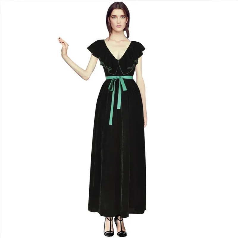 

2024 Original Design Women Vintage Dress Autumn Winter Sexy V-Neck Ruffles Sleeve Elegant Maxi Long Dress evening party vestidos