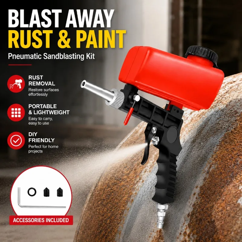 Gravity Type Pneumatic Sandblaster Set Portable DIY Sand Blasting Kit for Rust Prevention and Corrosion Removal Handheld Red