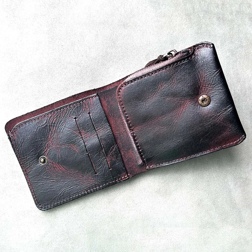 남성용 핸드메이드 황갈색 가죽 지갑, 동전 주머니, 지퍼 지갑, 순수 가죽