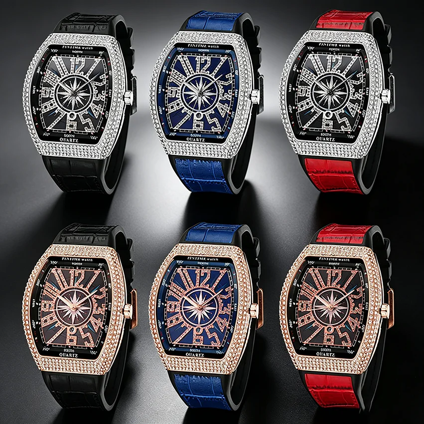 PINTIME Men's Luxury Tonneau Watch Shiny Metal CZ Case Rubber Strap Quartz Fashion Wristwatch Male Clock Relogio Gifts