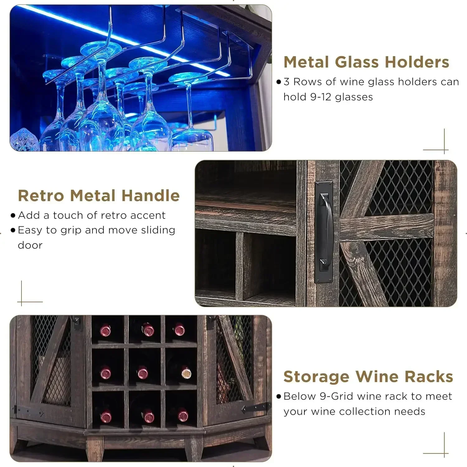 XMSJ.Corner Bar, 72" Tall Farmhouse Wine Bar Cabinet w/Barn Door & Adjustable Shelf, Home w/LED Light & Glass Rack, Dark Rustic