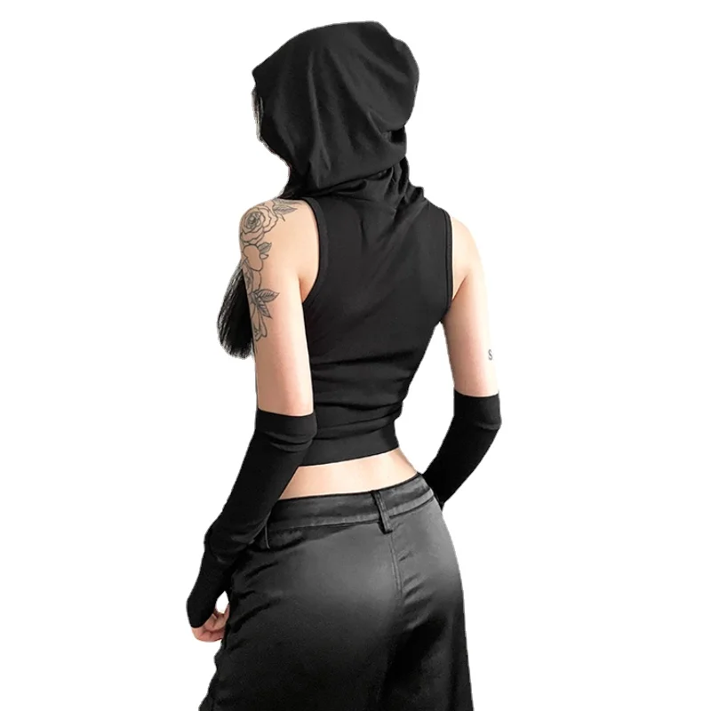 

Sexy Black Wasteland Style Hooded Vest with Sleeves for Women, Stylish and Slimming Desert Crop Top Summer Two-Piece Set