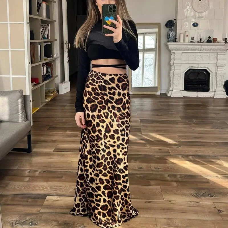 TRAF Leopard Print Women\'s Midi Skirt High Waist Stylish Long Skirts For Women Fall Vintage Satin Skirt Woman Elegant Skirts