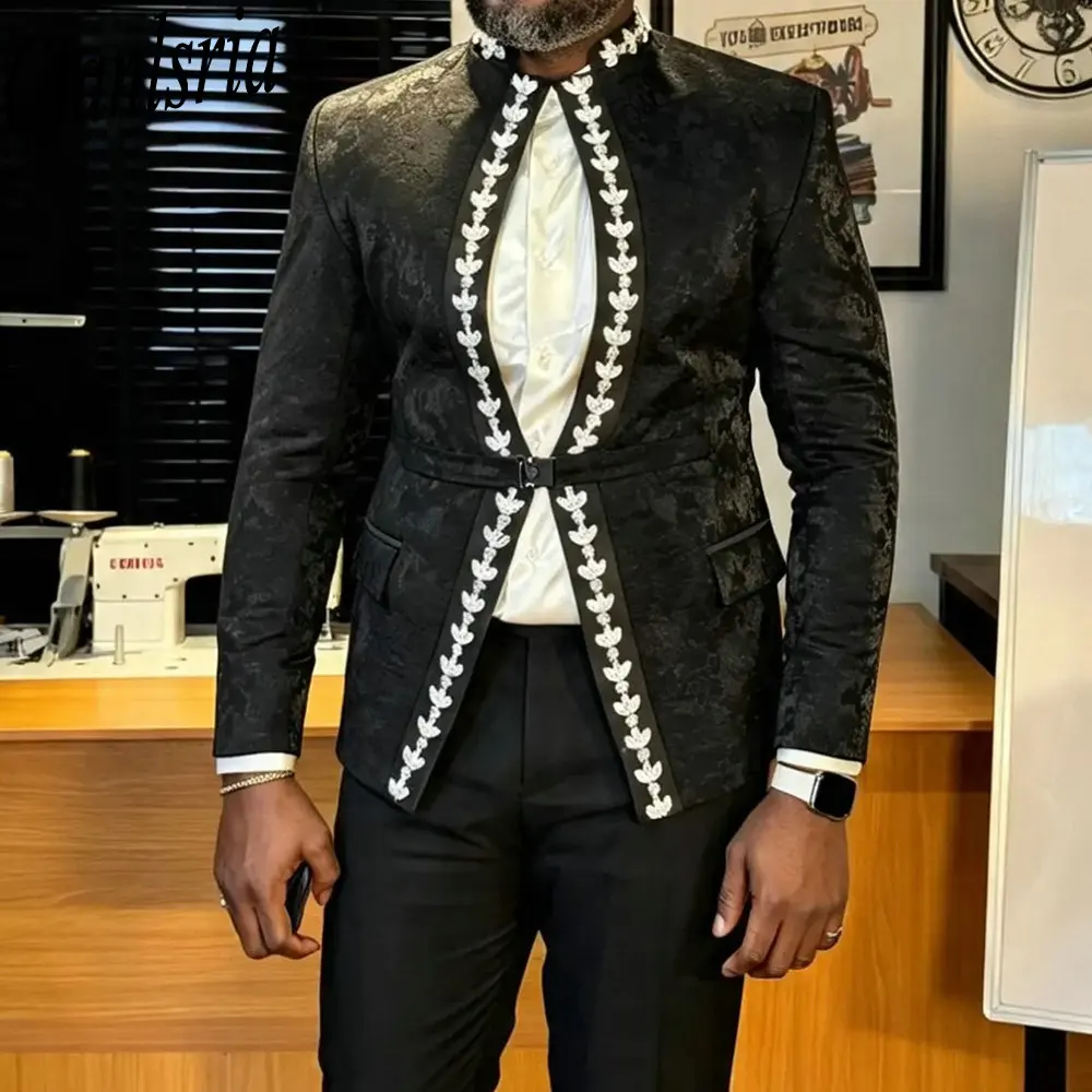 Men's Black Jacquard Blazer with White Embroidered Trim Stand Collar Slim Fit Suit Coat for Groomsmen Wedding Party Wear