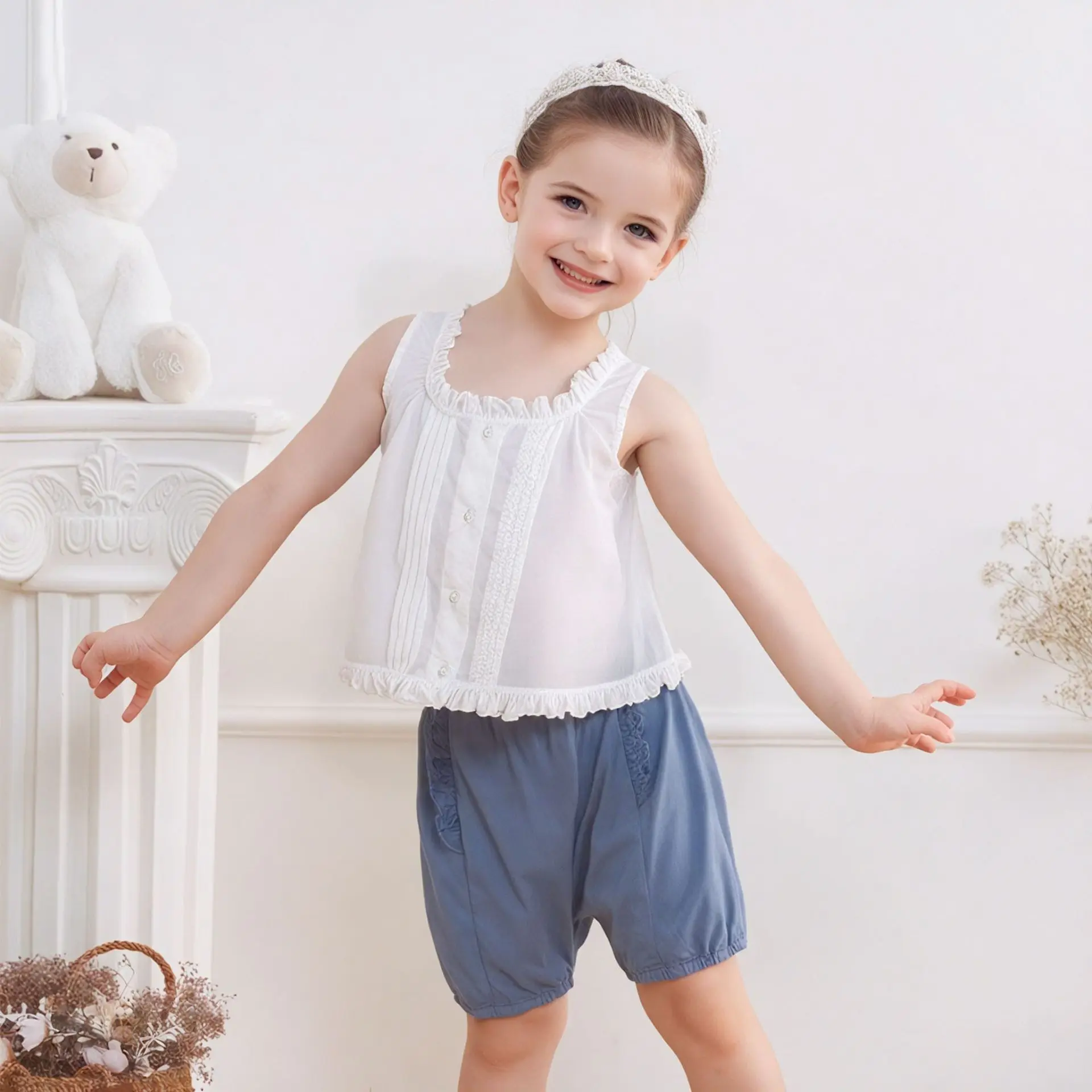 

2025 Childrens Summer New Girls Vest Top Korean Fashion Sleeveless Shirt Blouses Solid Plaid