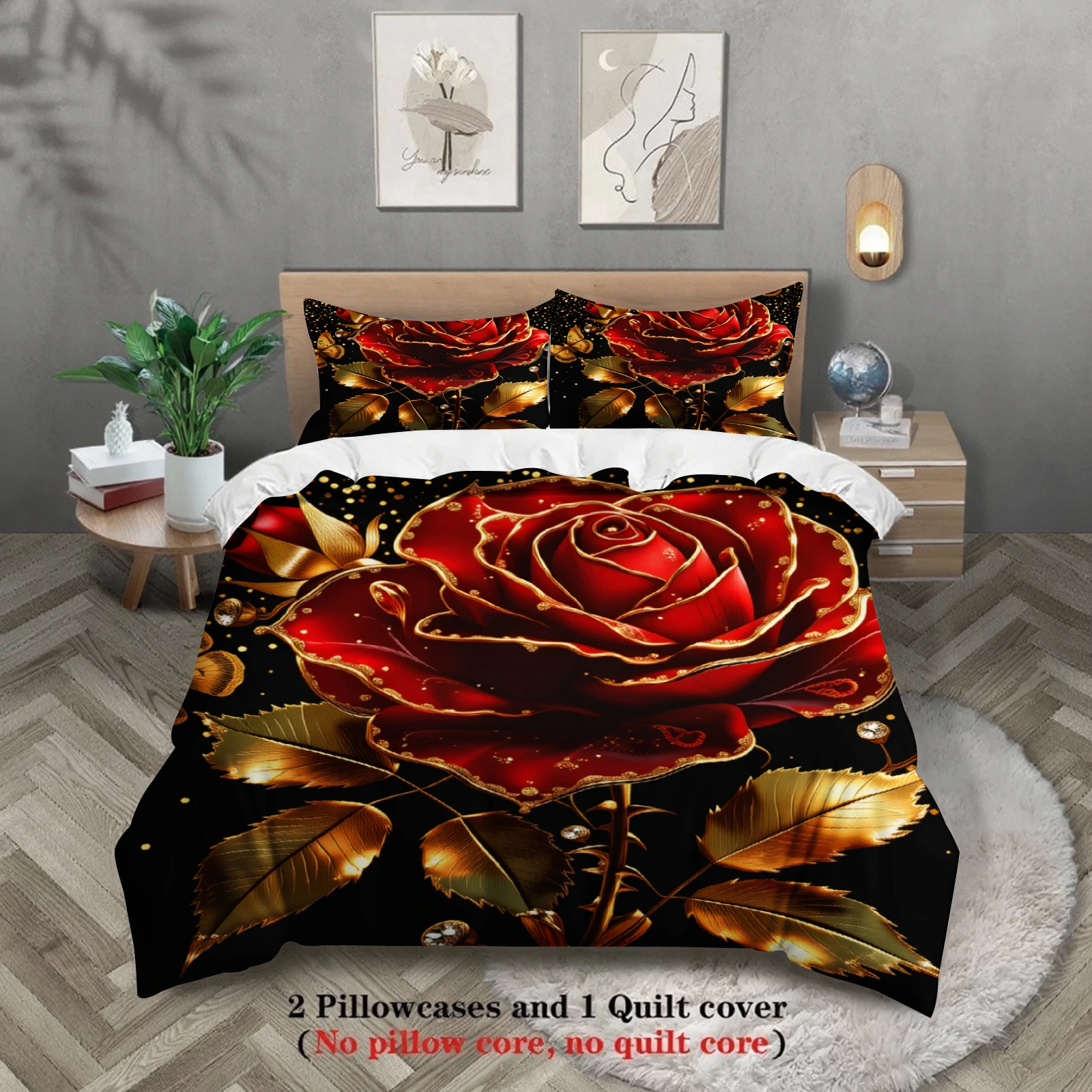Rose Gold Floral Bedding Set Black Red Rose And Golden Leaves Print Bedding With Duvet Cover Pillowcases For Bedroom Decor