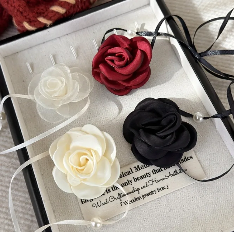 Vintage Elegant Rose Flower Choker Necklaces Set, Casual Polyester Fabric Fashion Accessories for Women