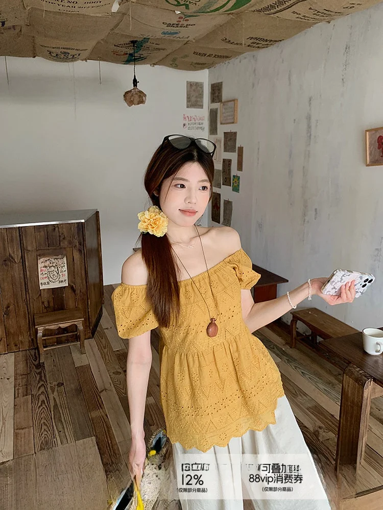 

Sweet Embroidered Square Collar Doll irt Women's Faion Cotton Bubble Sve Breathable Comfortable Korean Sle Casual irt