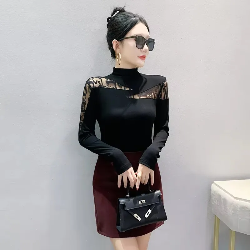 European Clothing Women's Half High Collar Black T-Shirt Design Patchwork Top Streetwear Long Sleeve Slim Irregular Tee Fall