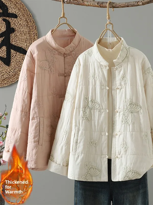 

Korean Sle Embroidered Cotton Jaet Women's plus Size Retro Button up Coat Loose Fit Long Sve Winter Outerwear