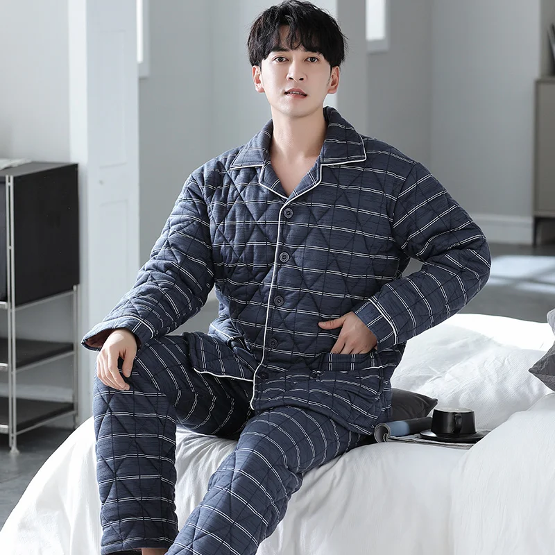 

Winter Geometry Pajamas Men Thick Quilted Pajama Set Casual Home Clothes Knit Cotton Sleepwear Suit Men's Clothing Pijama Hombre