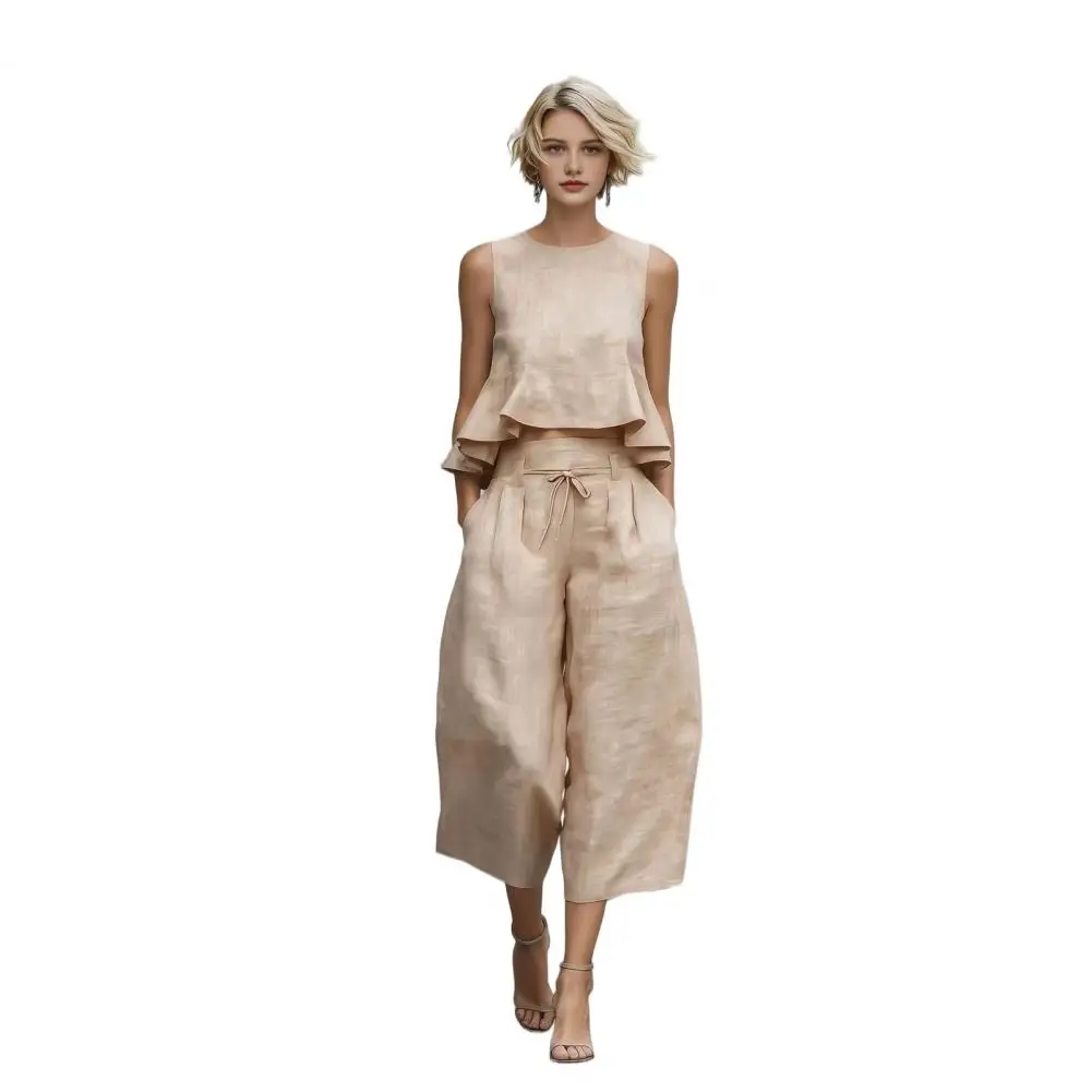 Women Outfit Versatile Women Suit Set 2 Piece Women’s Summer Set Ruffle Tank Top Wide Leg Pants Vacation Lounge Outfit