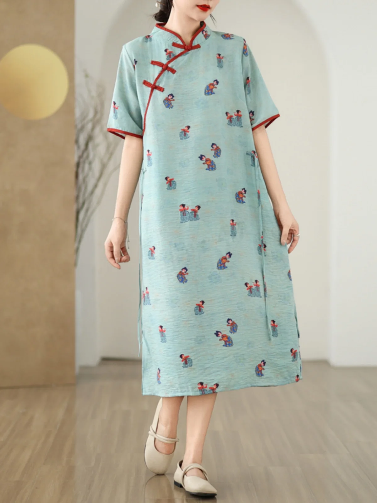 Nueva tendencia nacional china Sle Lino ort Sve Mujer Dr Verano Estampado retro Botón lateral Algodón Lino Mejorado Cheong...