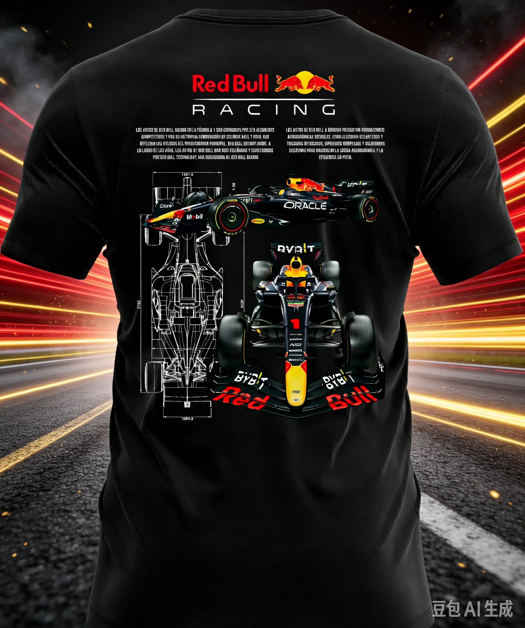 Red Bull Racing F1 Blueprint T-Shirt Unisex Short Sleeve Tee, Formula 1 Race Car Schematic Print Casual Top For Motorsport