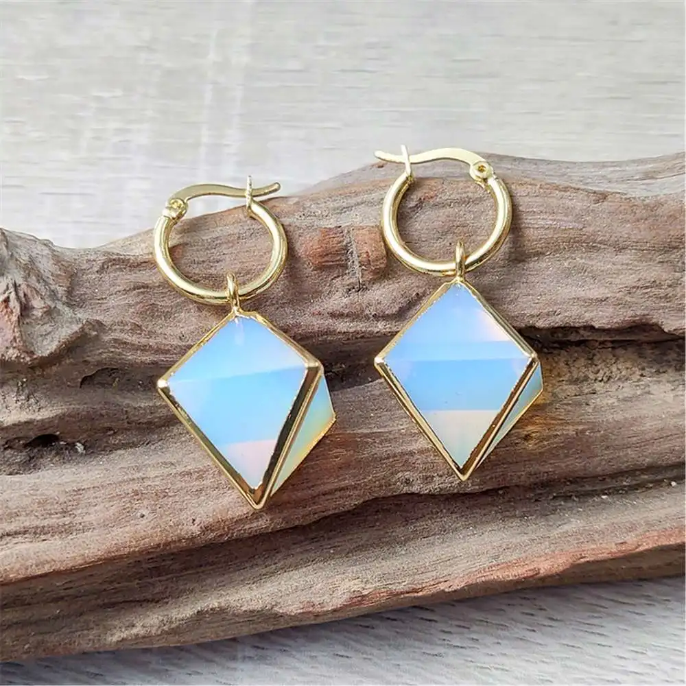 

FUWO Wholesale Opal Earrings,Golden Trimmed Artificial Stone Hoop Earring Octahedral Jewelry For Women 5Pcs/Lot ER239