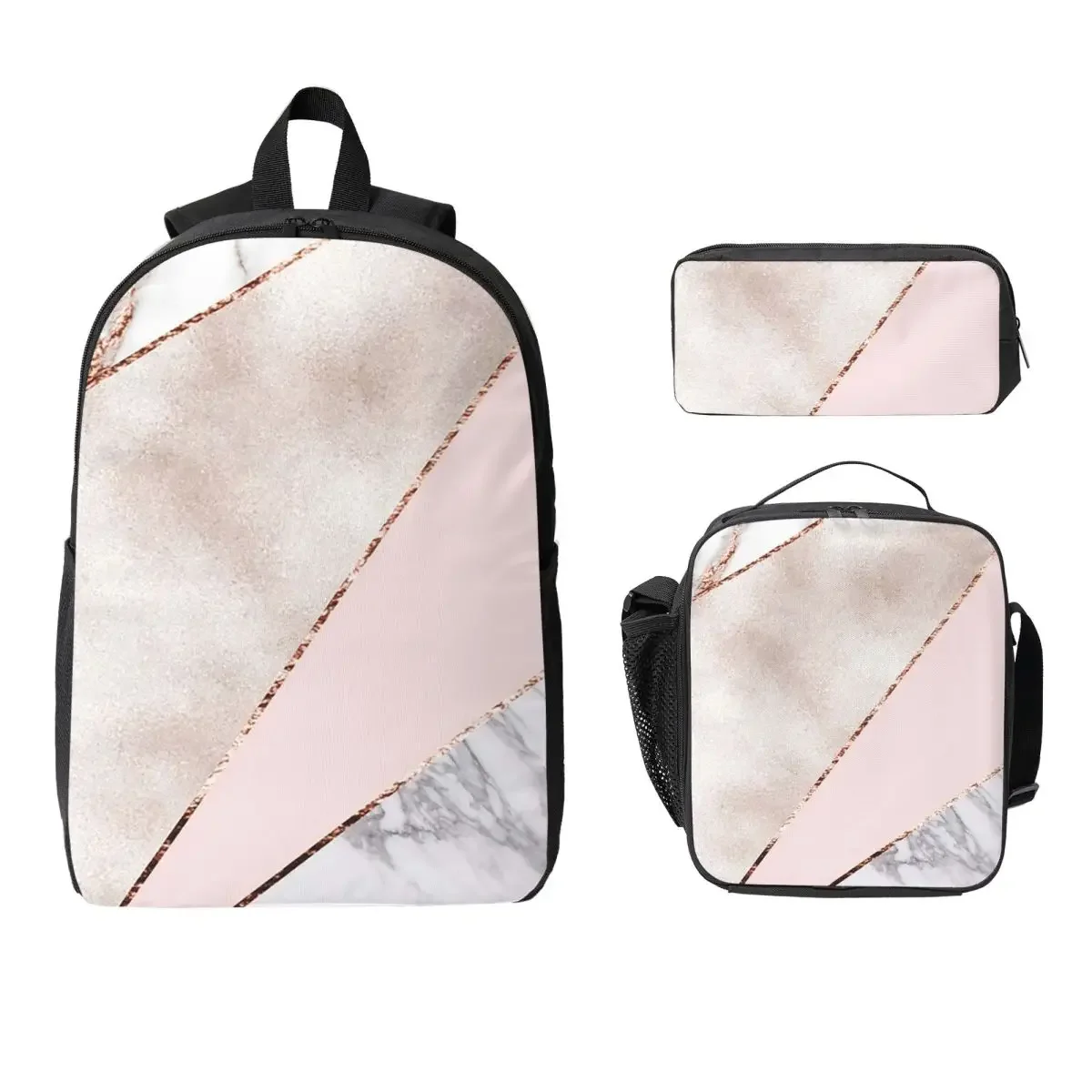 Spliced Mixed Rose Gold Marbl Backpack Student BookBag School Bag Laptop Shoulder Bags 3ps Insulated Lunch Bag Pencil Case