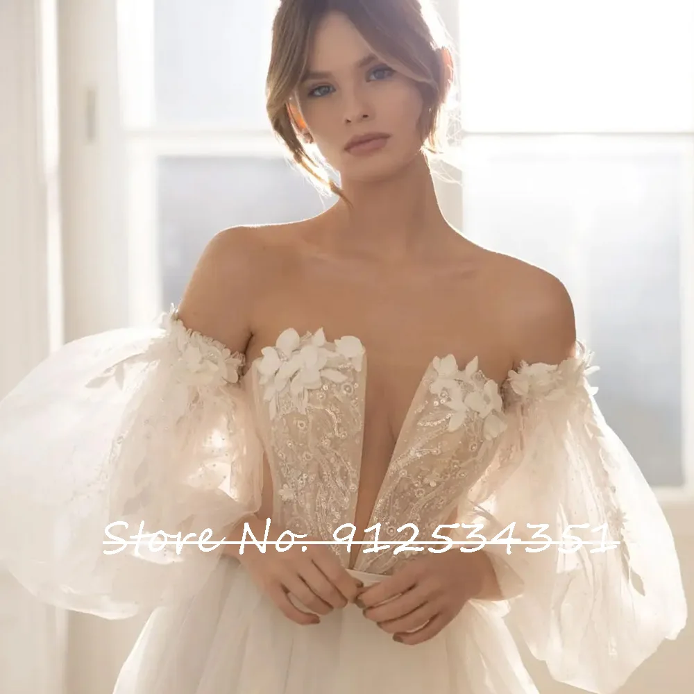 Vestidos de novia ชุดเดรสแต่งงานผ้าทูลล์เปิดไหล่สไตล์วินเทจเสื้อคลุมการแต่งงานดอกไม้3D เก๋ไก๋ชุดเจ้าสาว