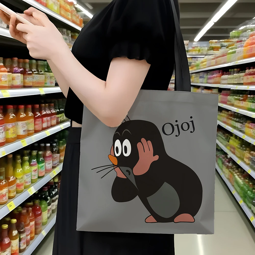 1 Pcs Cute Mole Cartoon Tote Bag - Reusable Large Capacity Shopping Bag for Daily Use, Grocery, Travel & Work (Gray) image 5