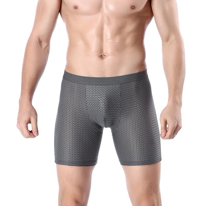 Men's Sports Underwear Mesh Extended Long Boxers Ice Silk Underpants Sexy Breathable High Elastic Running Anti-Wear Pantes