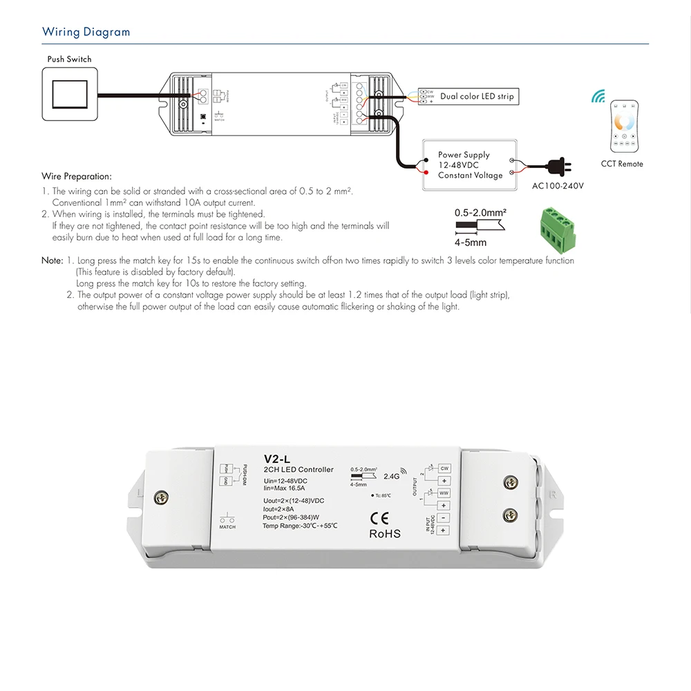 Skydance V2-L DC12-48V 2.4GHzRF+Push Dim 2CH 5A/CH PWM 0-100% CCT Dual Color LED Dimming Controller For Color Temperature Strip
