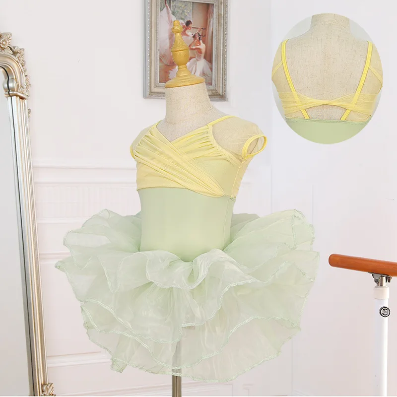 Girls Ballet Dance Dress Tutu Dancewear Kid Ballerina Dancing Costumes Tulle Dress Pompon Dress Strap Camisole Professional Suit