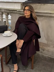 Manteau Long en Laine Chic pour Femme, Col Écharpe Bordeaux, Élégant, Pardessus à Manches sulfavec Ceinture, Vêtements d'Extérieur pour Dame, Automne Hiver 2024