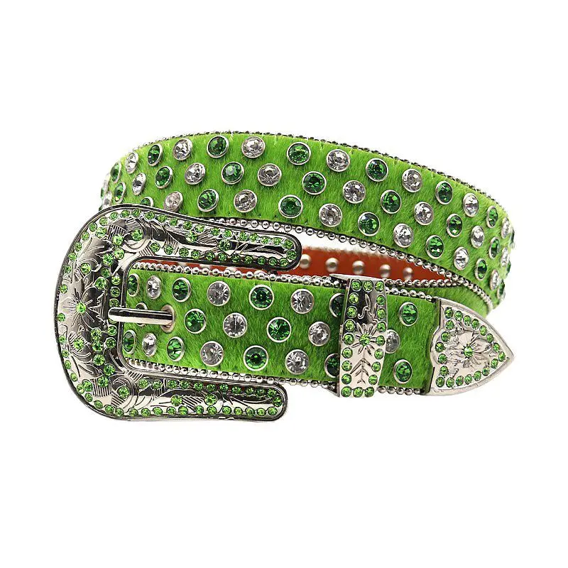 メンズファッションヒップホップロックダイヤモンドスタッズベルトグリーンソフトレザーラインストーンベルトデザイナーウエストバンドレディースピンバックルストラップオン