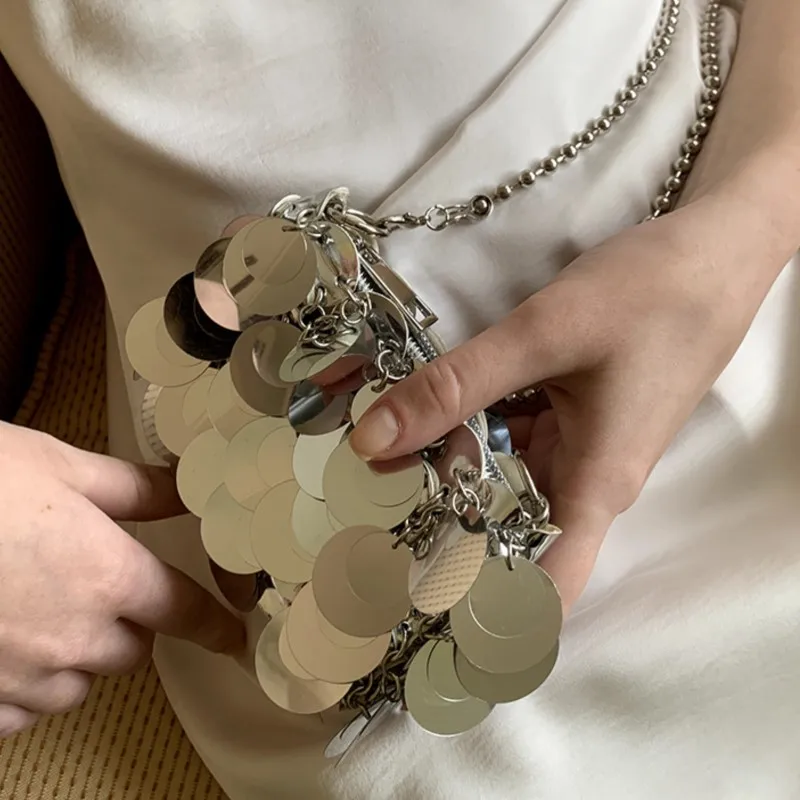 

Women Mini Sequins Bag Silver Metal Chain Woven Bag Evening Bags Clutch Female Travel Holiday Shoulder Bag Handbag