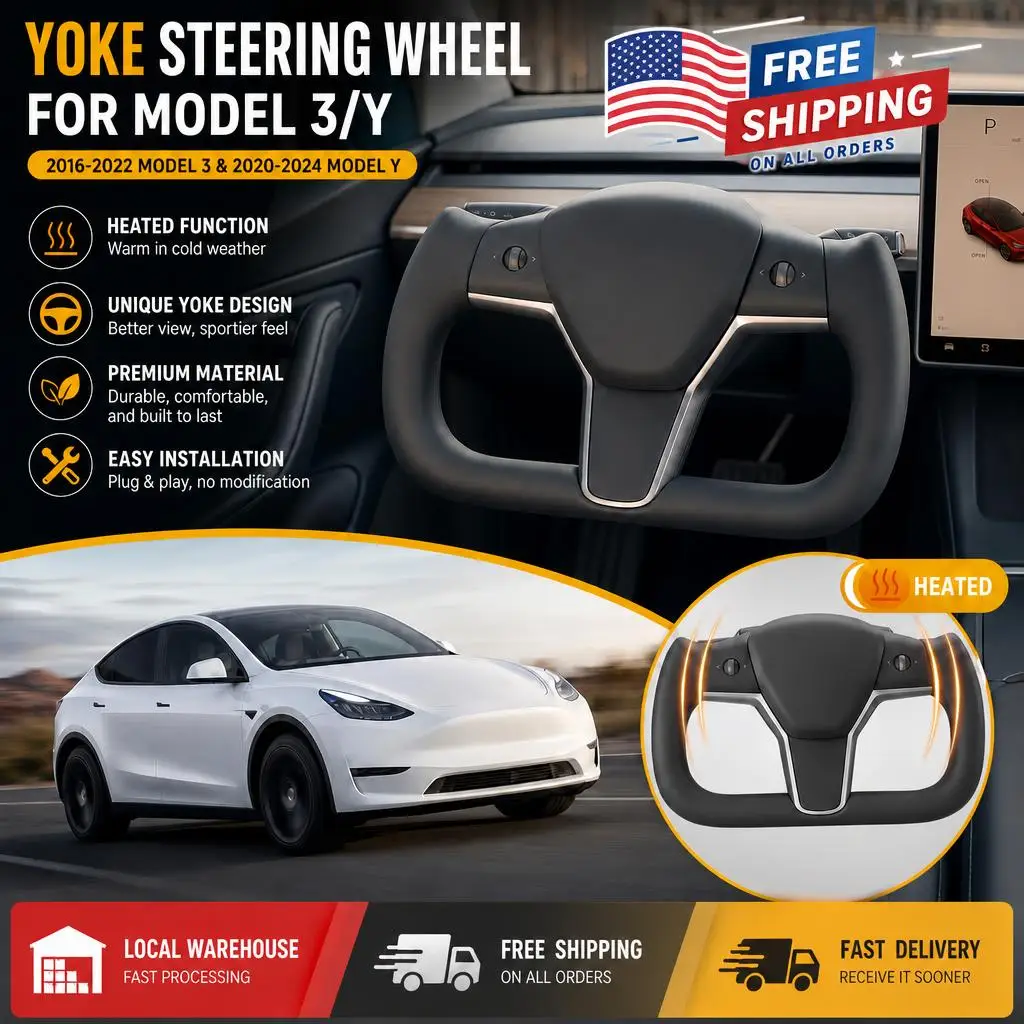 Yoke Steering Wheel For Tesla Model Y 3 2016-2022 Model Y 2020-2024 Heating With Heated Black Car Accessories