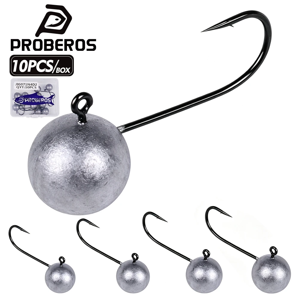 PROBEROS Round Ball Lead Head Jig Hooks 10PCS Sharp Barbed Fish Hooks High Carbon Steel Weighted Soft Worm Swimbait Bass Hooks