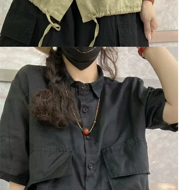 Chemise Ramie en coton pour femmes, mode coréenne, demi-manches, bureau, ample, poches de protection solaire, nouvelle collection été 2025