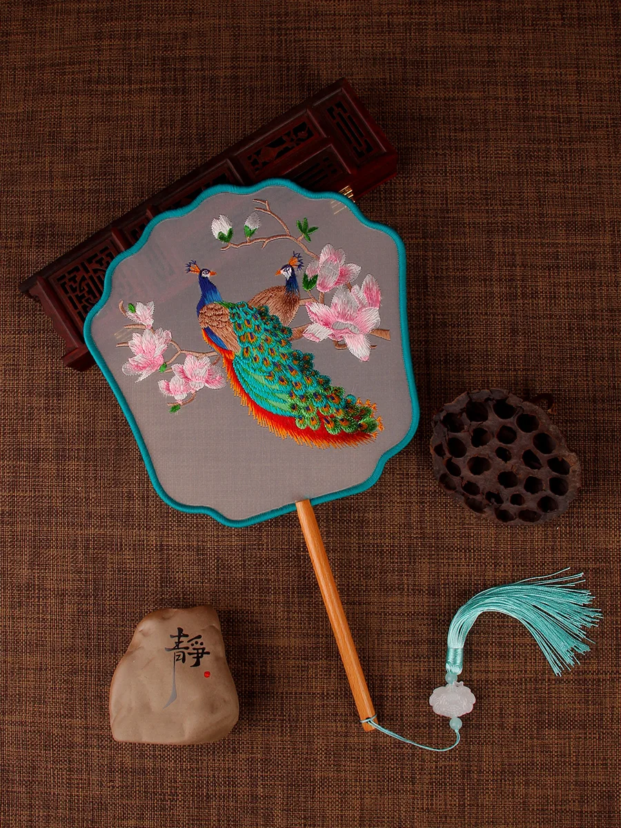 

Handmade Embroidered Lotus Dance Fan Double-Sided Floral Silk round Wooden Handle Court Sle Fan Traditional Chinese Culture