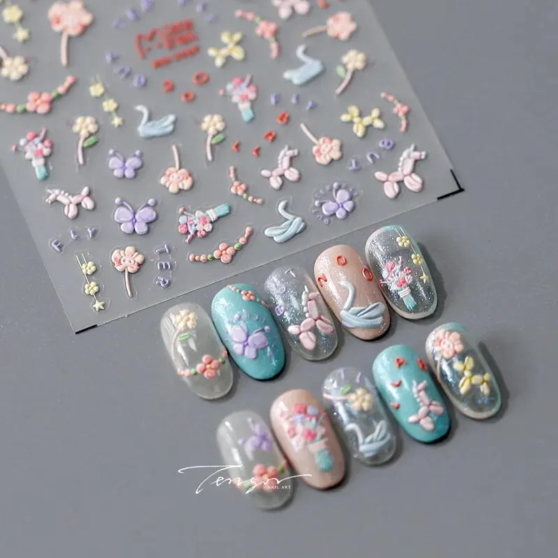 5D Vivid Relief Sculpture Bright Colorful Childish Swan Flower Butterfly Horse Nail Stickers Accessories Nail Charms Parts