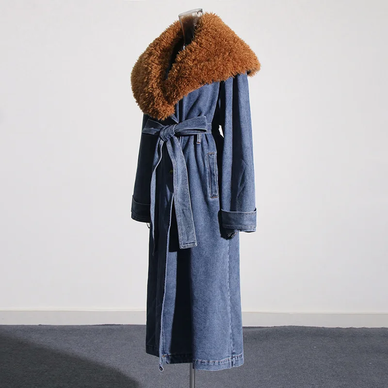 ZAMOR Hot Selling Waist-Cinching Outerwear 2026 New Design Contrast Big Fur Collar Belted Long Denim Trench Coat