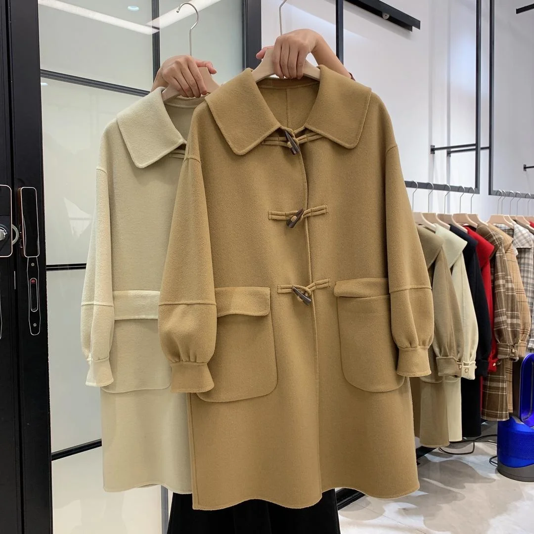 

Live Flash Kill Double sided Cashmere Coat Women's Horn Button Mid length 2023 New Autumn/Winter Woolen Coat