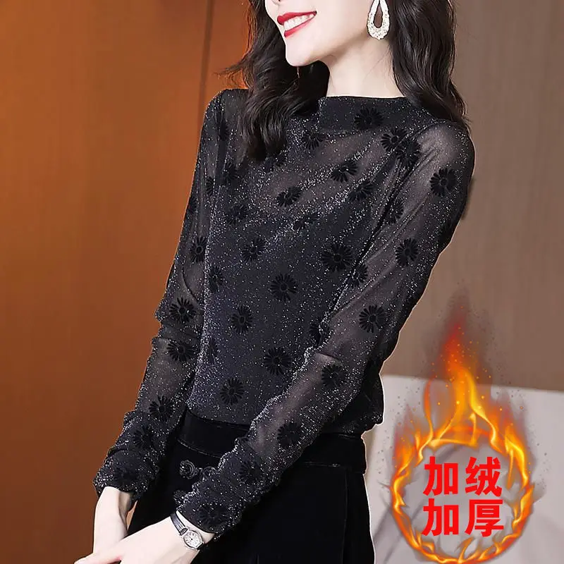 Thin Half High Collar Bottom Shirt for Women\'s New Westernized Small Shirt with Long Sleeves for Women\'s High-end Lace Shirt Top