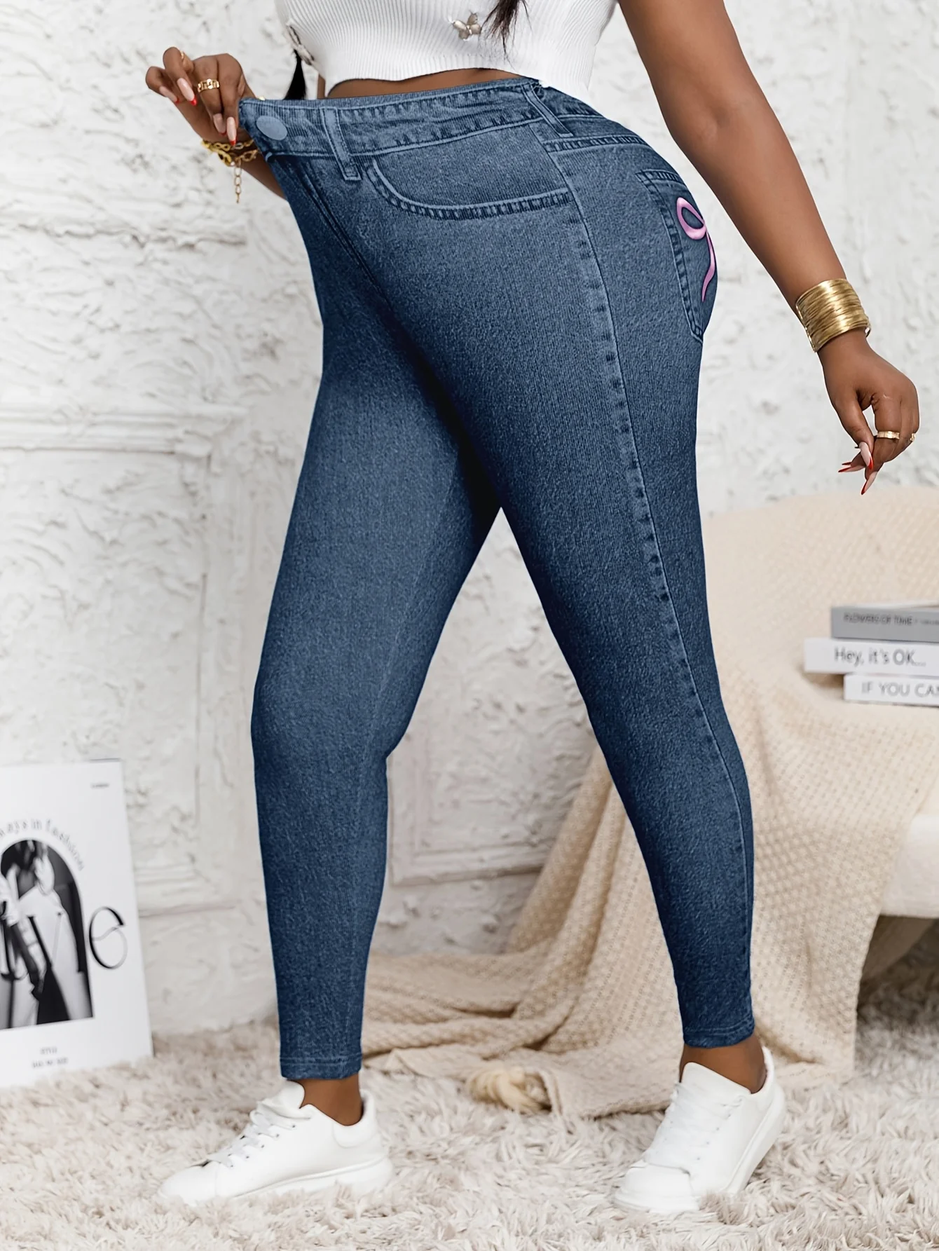 Plus Size Women's Stretch Denim High-Waisted Leggings with Full-Body Print - Casual Fitness Pants