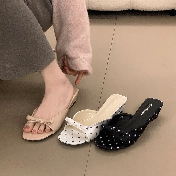 2026 New Polka Dot Wedges Heels Women Slippers Fashion Open Toe Butterfly-knot Party Dress Slide Summer Outdoor Daily Wear Shoes