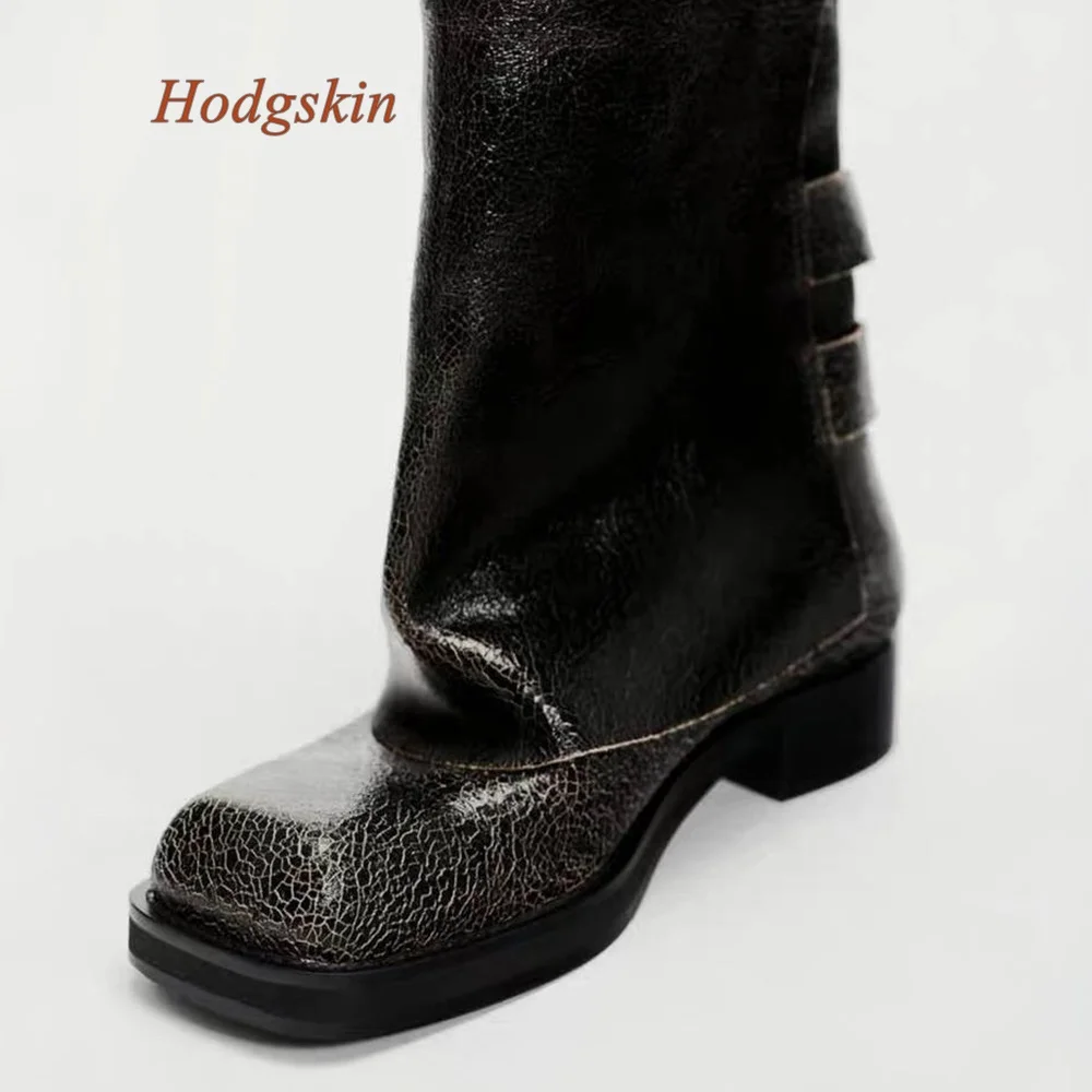 Belt Buckle Metal Decoration Women Boots Chunky Heel Slip On Square Toe Boots Solid Black Mid Calf Newest Fashion Casual Boots