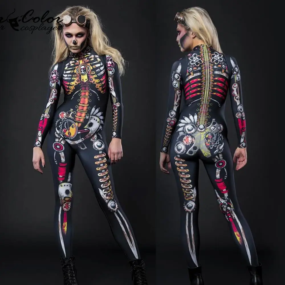 สี Cosplayer ฮาโลวีนแน่นผู้หญิง Zentai ชุด Steampunk Skeleton พิมพ์ Bodysuit Purim เทศกาลคอสเพลย์เครื่องแต่งกาย Catsuits